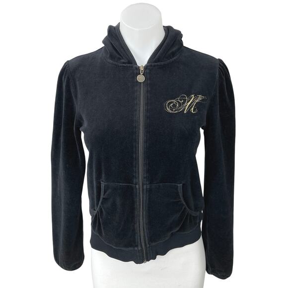 Mango Black Embroidered Velvet Velour Track Suit Sweatshirt Sweater Hoodie Top S - Picture 1 of 6